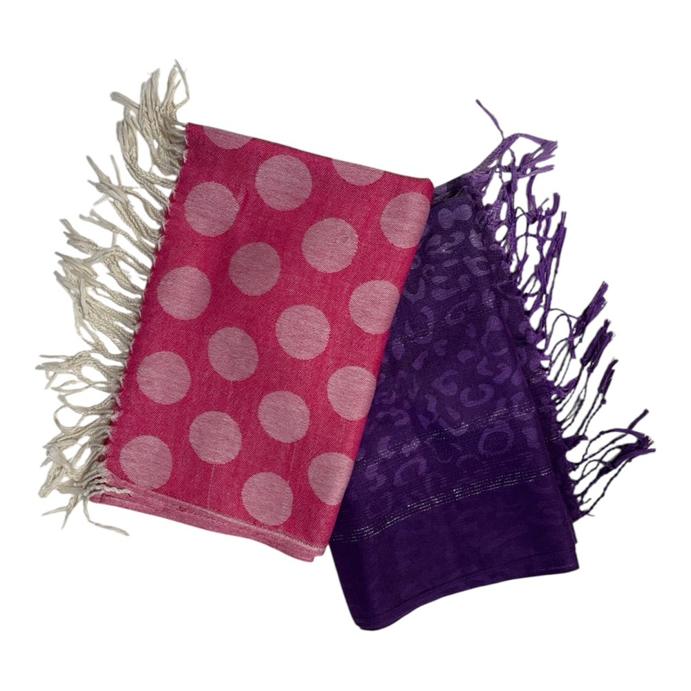 SCARVES. SET OF 2.  Pink.  Purple.  Fringe.
Subtle leopard print.  Polka dots.